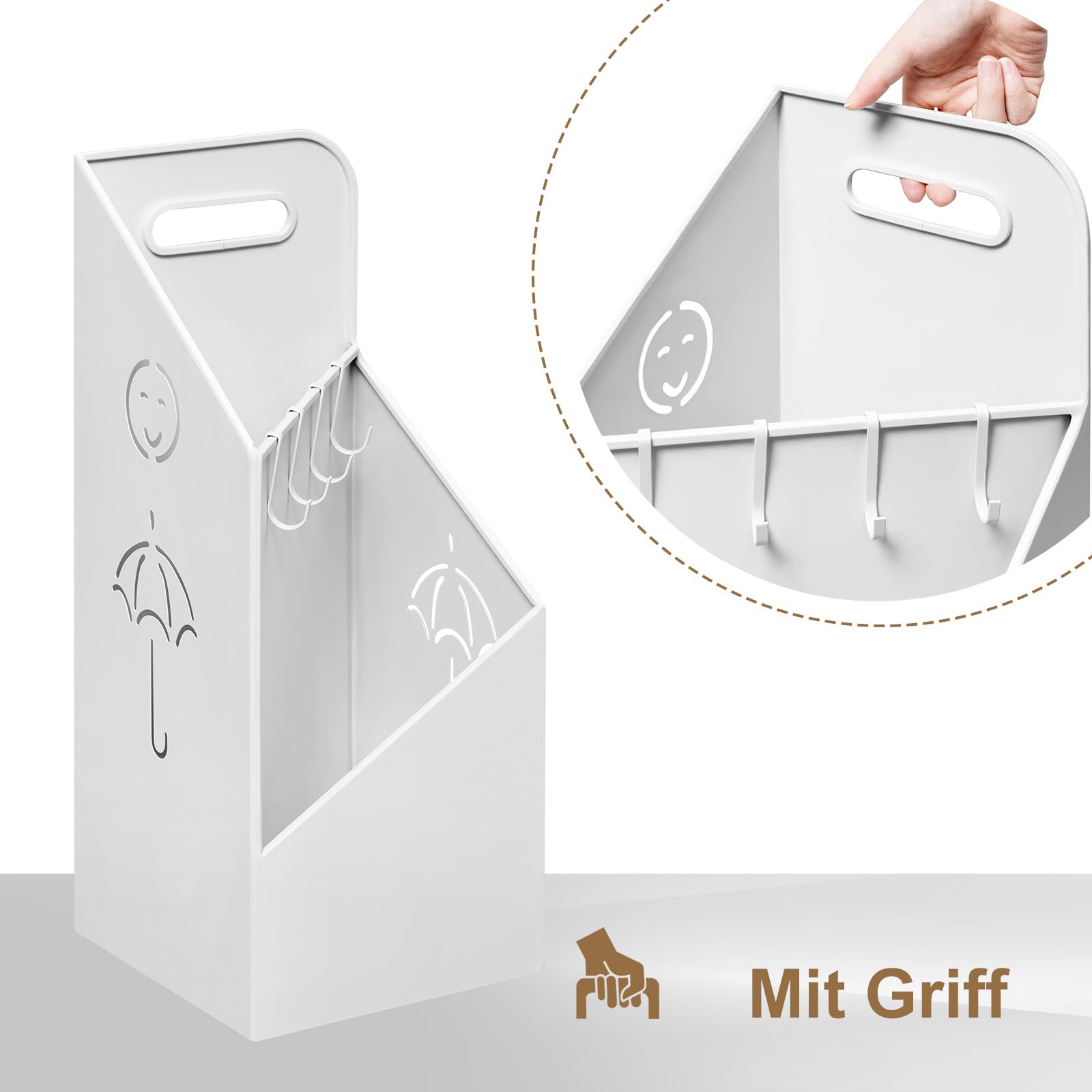 WOLTU Regenschirmständer 2 Slots, Schirmständer Regenschirm, Regenschirmhalter mit Griff, 4 Haken, für Eingangsbereich, 20x49x20 cm, aus Metall, Weiß, SST14ws
