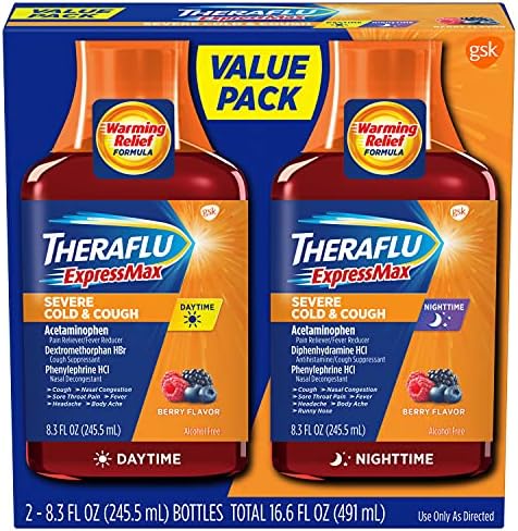 Theraflu ExpressMax Severe Cold and Cough Medicine, Daytime and Nighttime Cough and Cold Medicine for Cough Relief, Berry Flavor - 8.3 Fl Oz (Pack of 2)