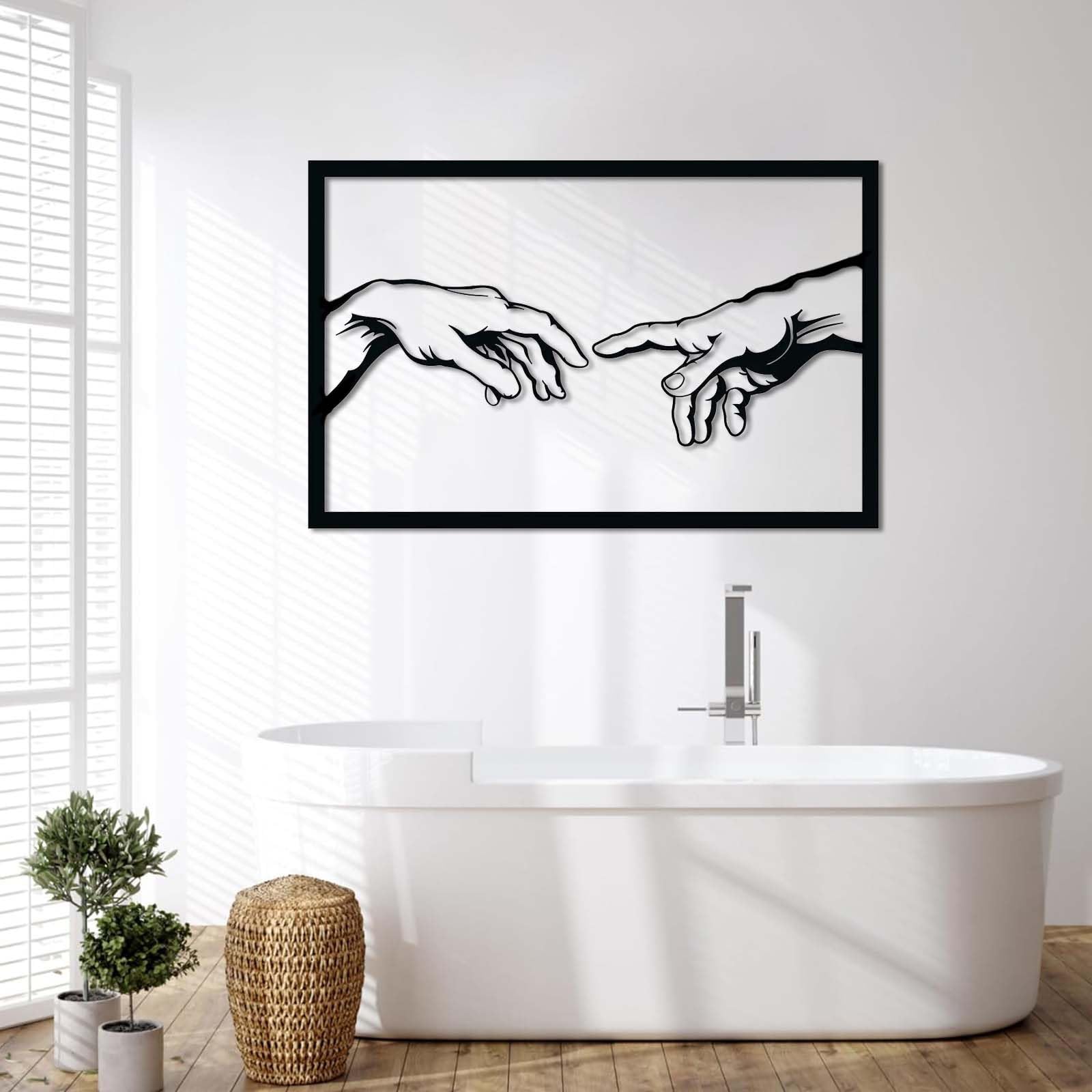 Arte Mural de Metal, Creación de Adán, Arte de Dios, Decoración bíblica, Living (Plateado, 121 x 78 cm)