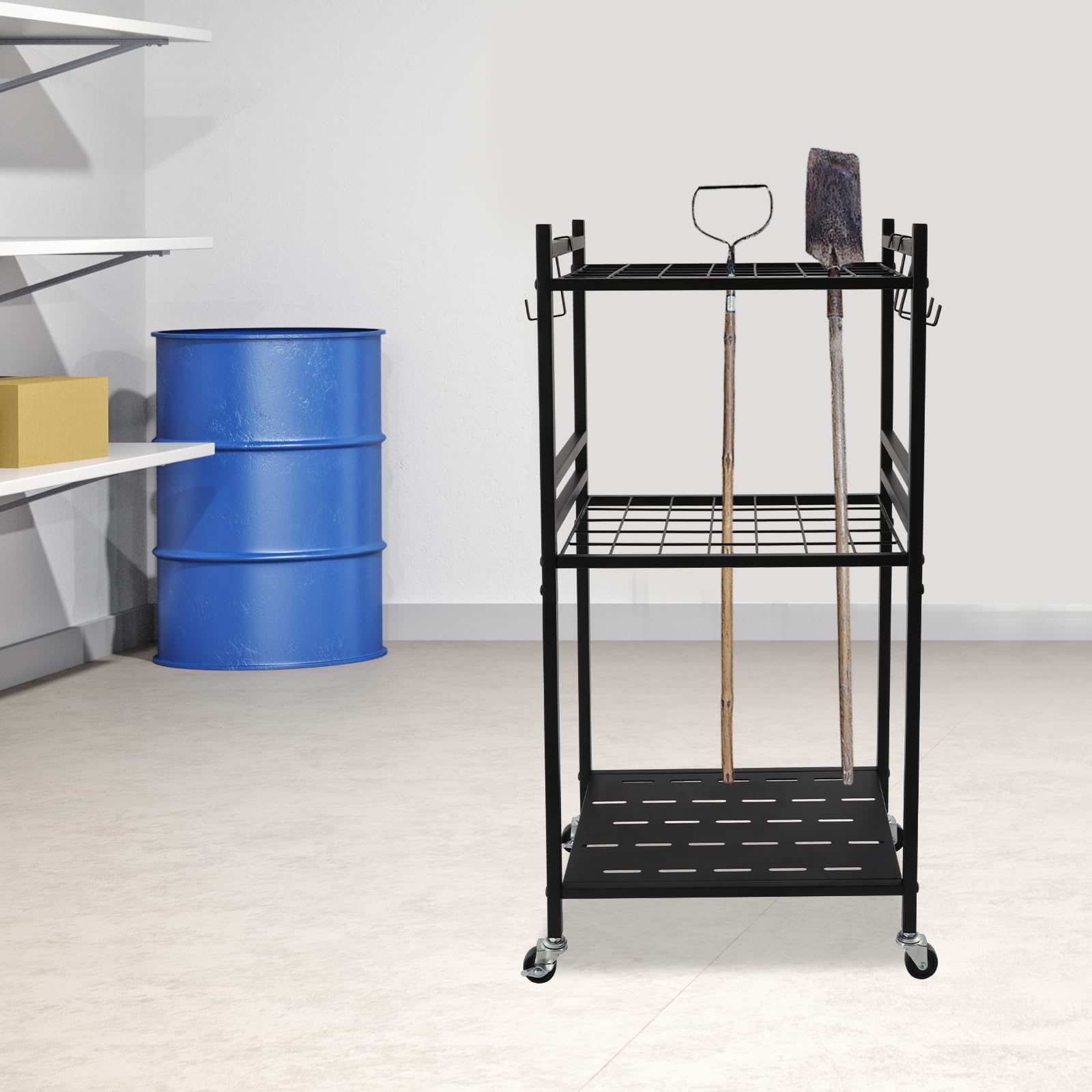 Supporto per attrezzi da giardino, in metallo, per attrezzi da giardino, 43 x 30 x 79,5 cm, con ruote per giardino e garage