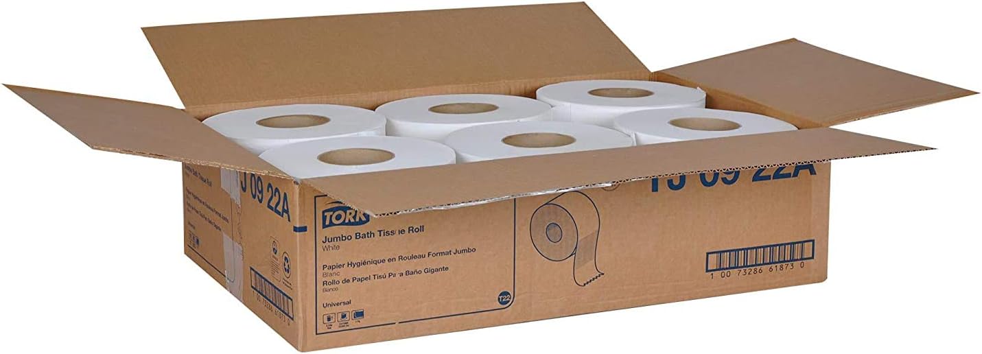 Tork Universal TJ0922A Jumbo Bath Tissue Roll, 2-Ply, 8.8" Dia, 3.55" Width x 1,000' Length, White (Case of 12 Rolls, 1,000 per Roll, 12,000 Feet)