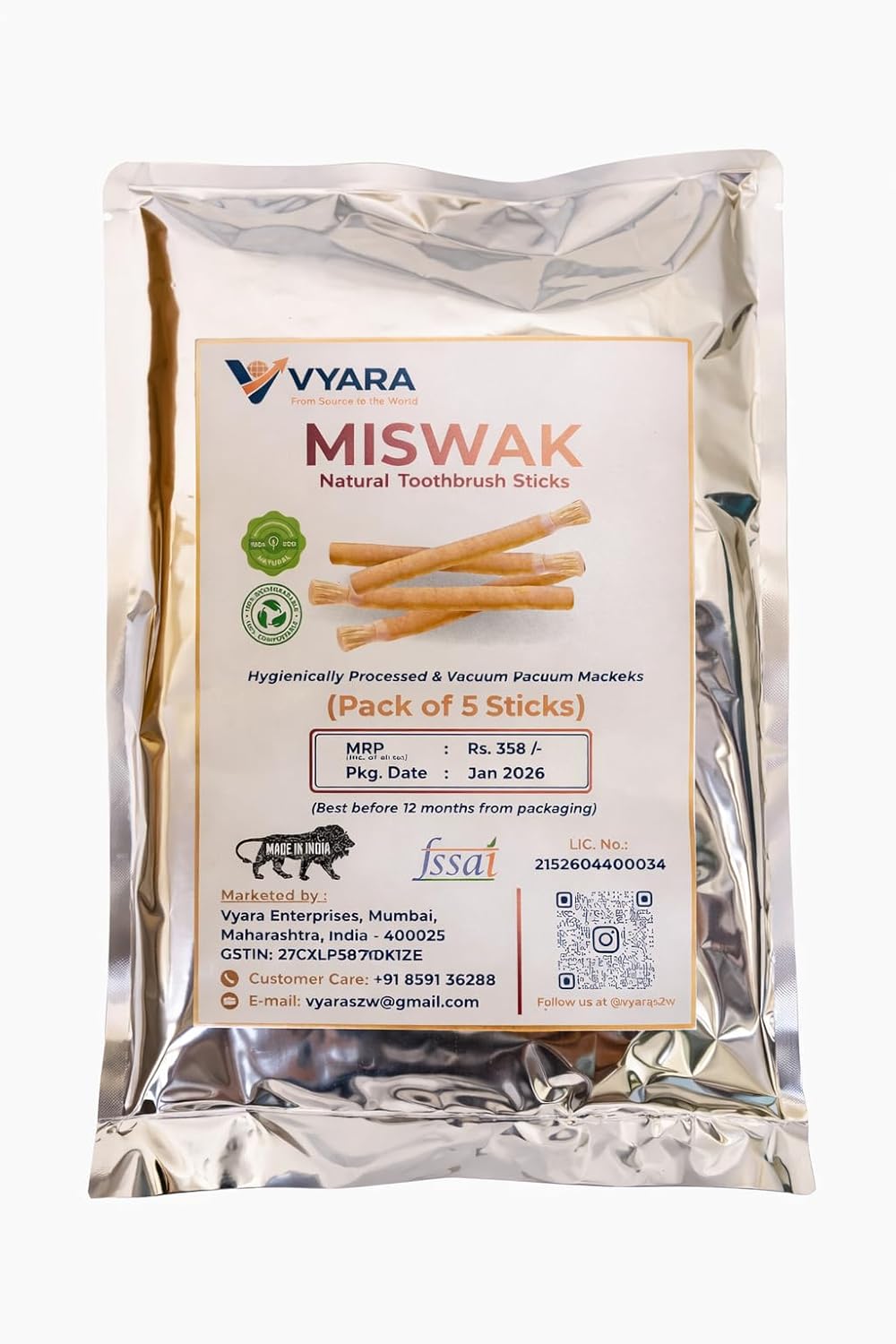 Miswak Stick for Teeth Cleaning – Natural Tooth Brush for Teeth Cleaning | Traditional Islamic Sunnah Dental Care | Manual Miswak Sticks for Adults (Pack of 5)