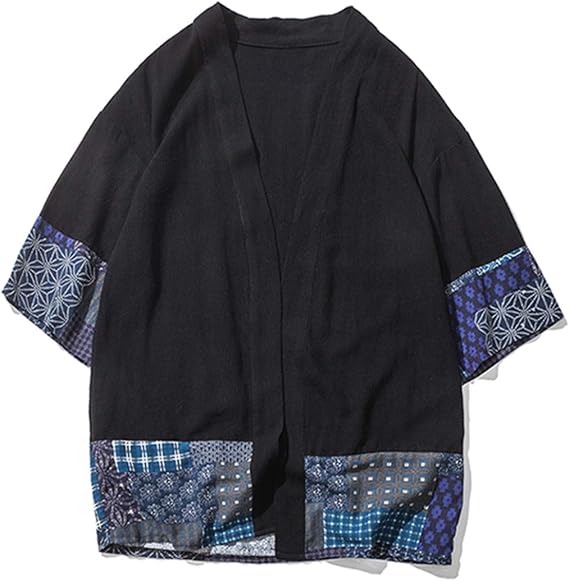 perdontoo Men's Casual Kimono Shirt Light Linen Short Sleeve Open Front Cardigan