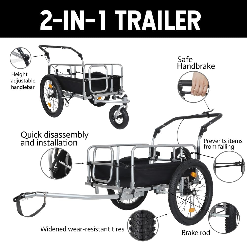 3-in-1 Heavy-Duty Bike Cargo Trailer – E-Bike Compatible Steel Frame, 110lb Capacity, 20" Wheels & Accessories