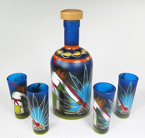Vasos de chupito mexicanos para hacer tequila, Pancho con cactus de agave azul, botella pintada a mano, 4 vasos de chupito