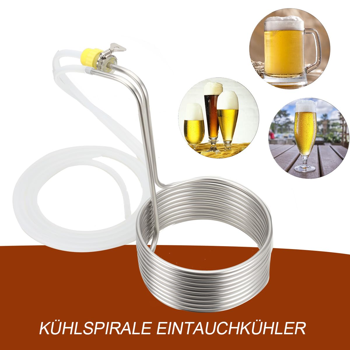 Kühlspirale Eintauchkühler Kühlschlange Ø23cm, Edelstahl Maischekühler Kühlspirale zur Kühlung von Bier, Kühlrohr Würzekühler Maischekühler mit 2* Silikonschläuche, 2* Verbindungsstücke