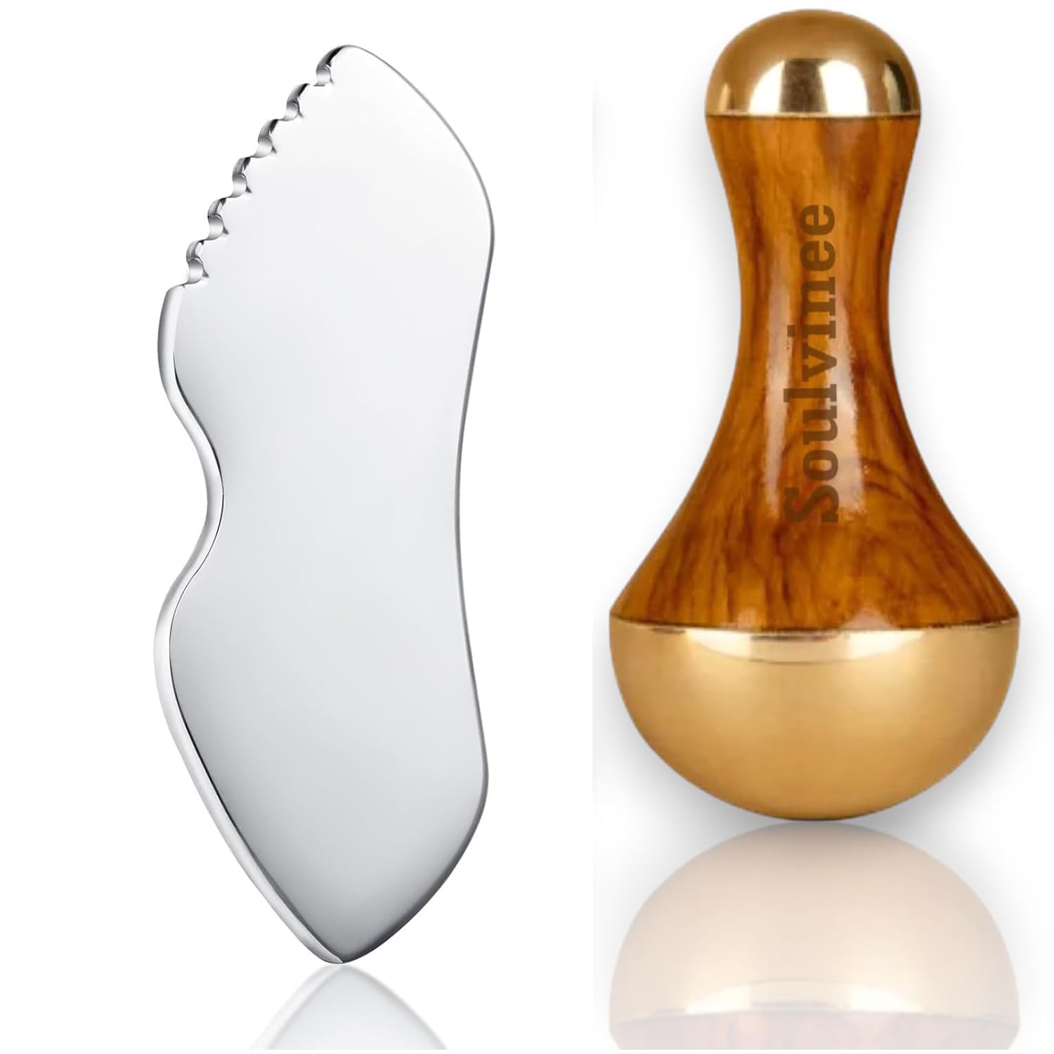 Kansa Wand and Gua Sha Tool Set, Wooden Handle Massage Roller with Stainless Steel Scraper, Manual Massager for Face, Body and Foot, 2 in 1 Combo