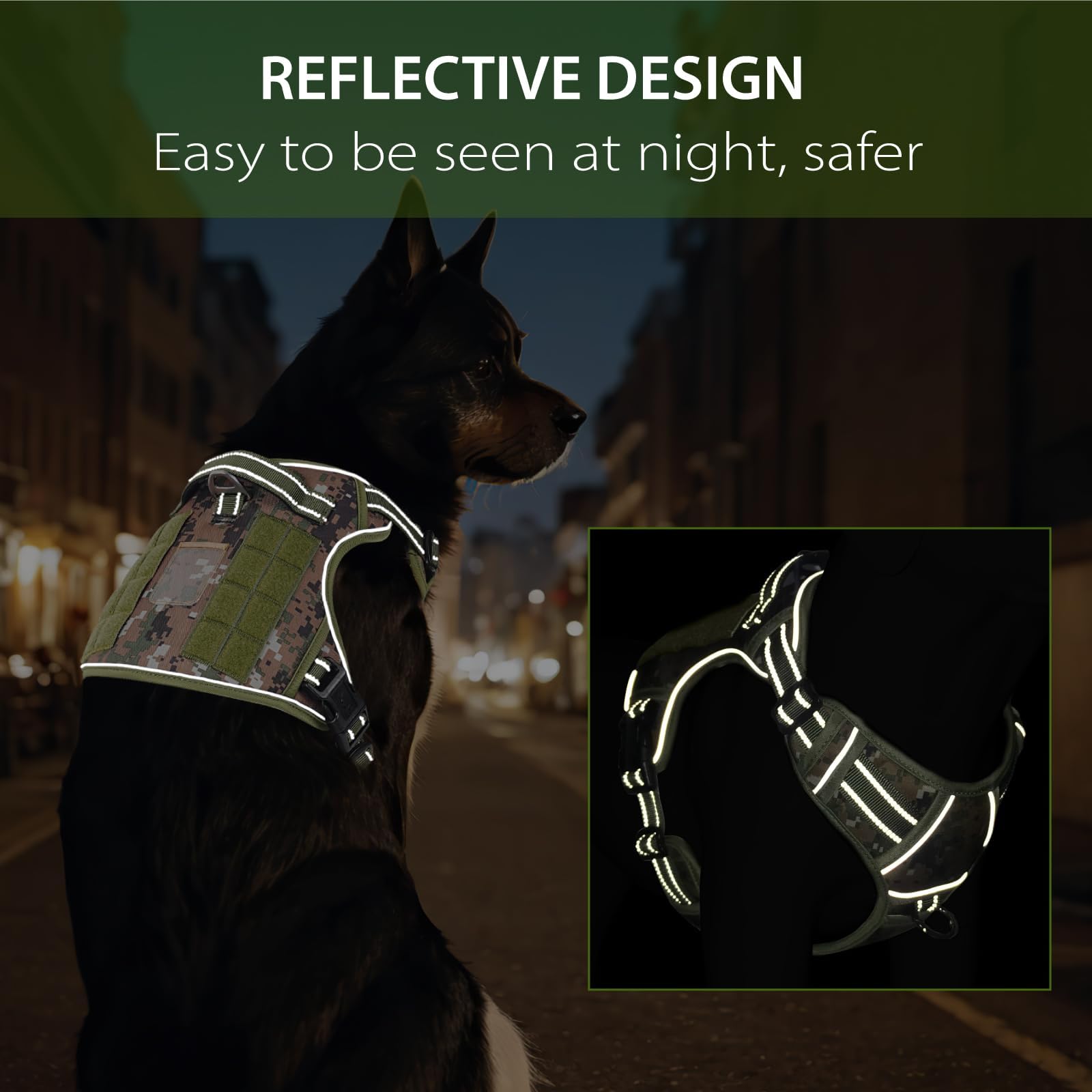 HEELE Arnés táctico para Perro, con Panel Molle, arnés para Perros pequeños, sin tirones, arnés Reflectante Acolchado Ajustable con asa para Entrenamiento y Caminar, Camo Verde, XL