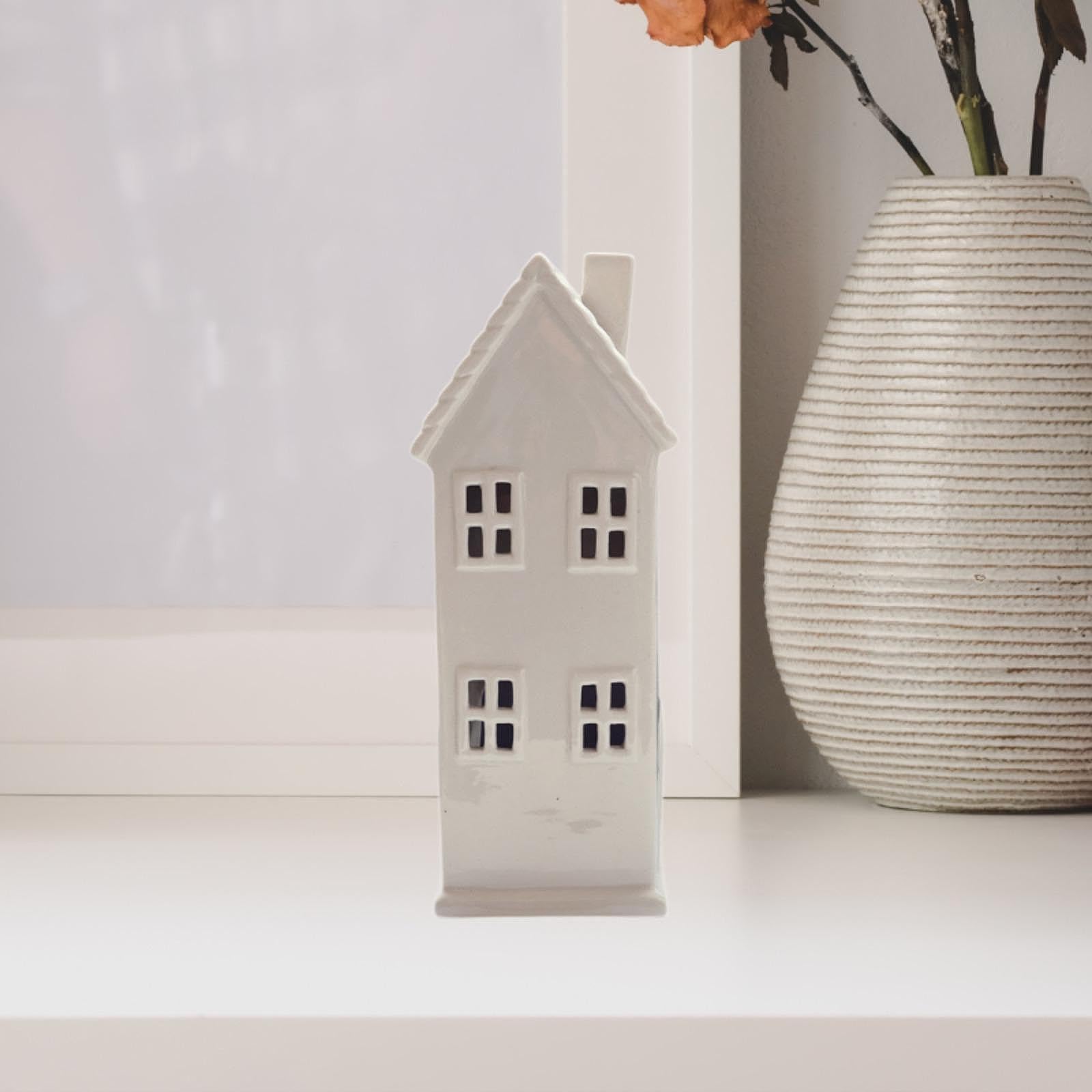 Figura de Cerámica Iluminada para Navidad, Adorno de Escritorio para Navidad, Decoración para Fiestas Navideñas, Decoración Navideña, 7,5 x 7,5 x 20 cm
