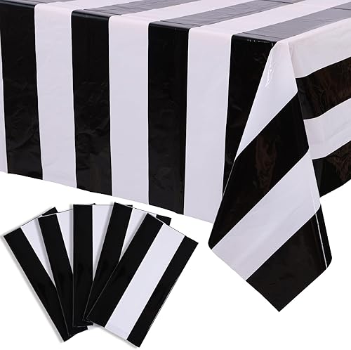 Miniatura 31 de Kesfey - Juego de 3 manteles de mesa de rayas horizontales en blanco y negro de 54 x 108 pulgadas, manteles clásicos de rayas negras, manteles de