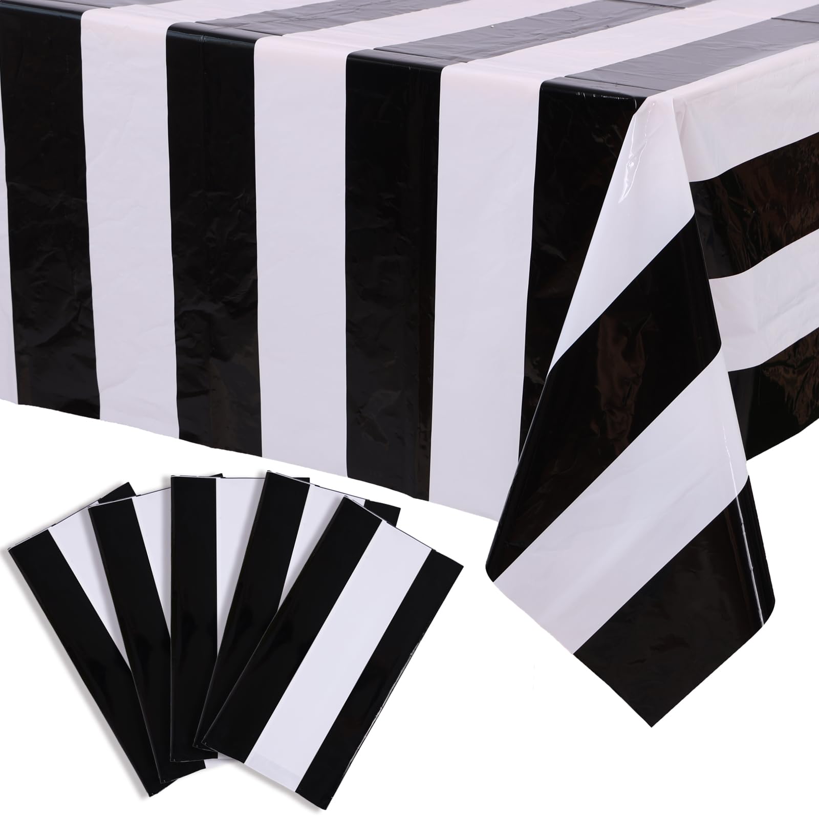 Kesfey5 Packs Black and White Horizontal Striped Table Cloth 54 x 108 Inch Classic Black Stripe Tablecloths Disposable Plastic Stripe Table Covers Waterproof Picnic Tablecover for Camping Party