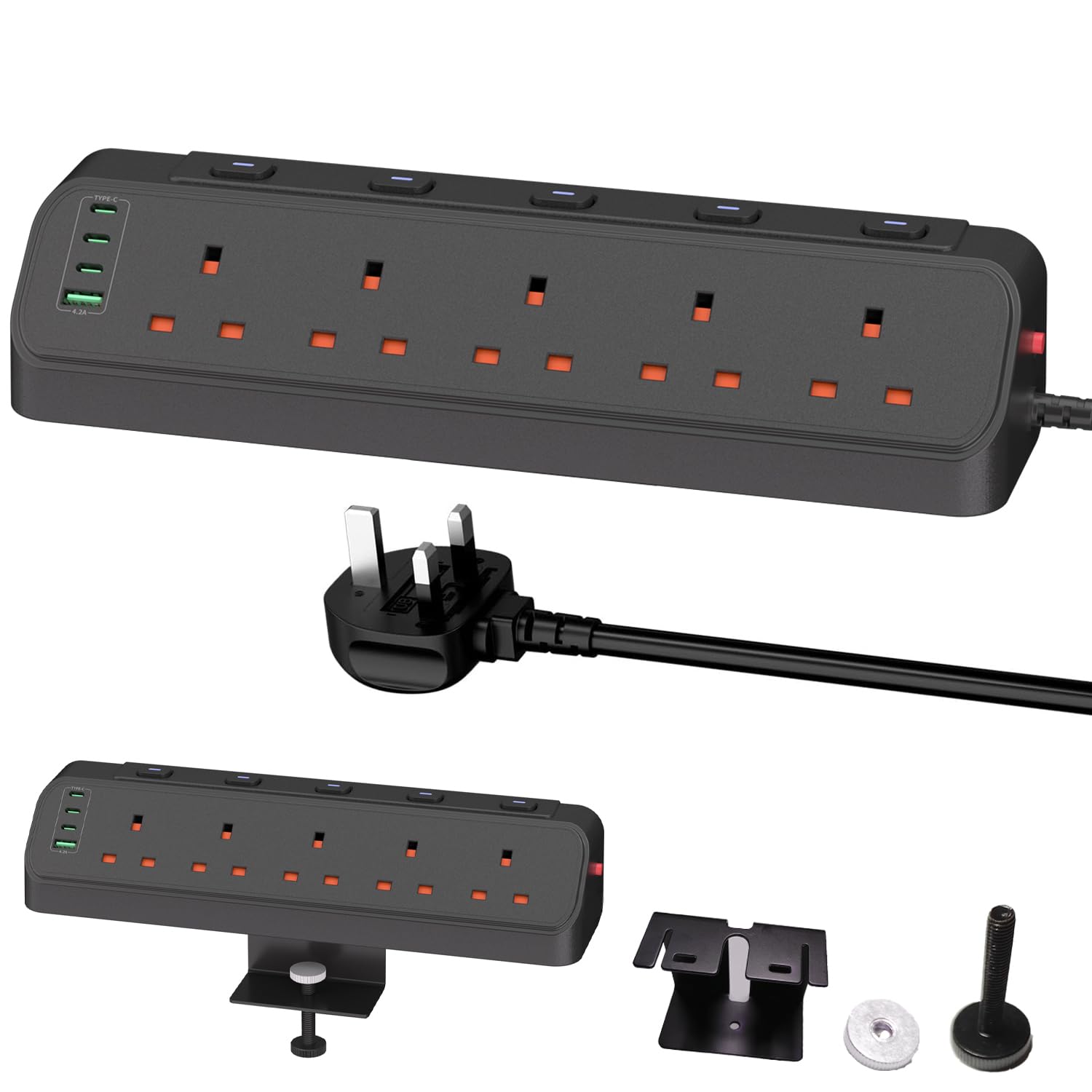 Desk Clamp Power Strip UK, 5 Way Corner Outlets with 4 USB, 3250W Overload Protected Extension Lead with Individual Switches, 1.8M Cable, Wall/Desk Mounted Power Socket for Home Office Kitchen, Black