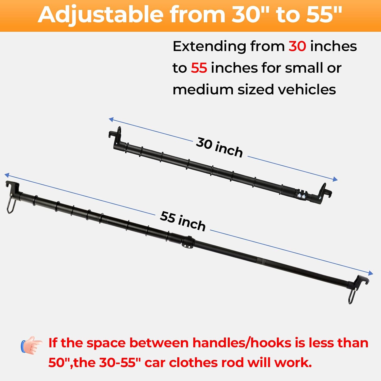 Car Clothes Hanger Bar, 30-55 Inch Wrinkle-Free Telescopic Clothing Rack with Secure Solid Steel Hooks, Adjustable Vehicle Hanger Rod for Most Cars Trucks SUVs and Road Travelers