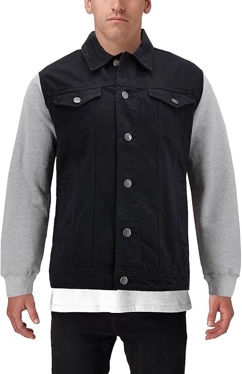 Men's Two Tone Jean And Grey Jersey with Removable Hood Denim Trucker Jacket