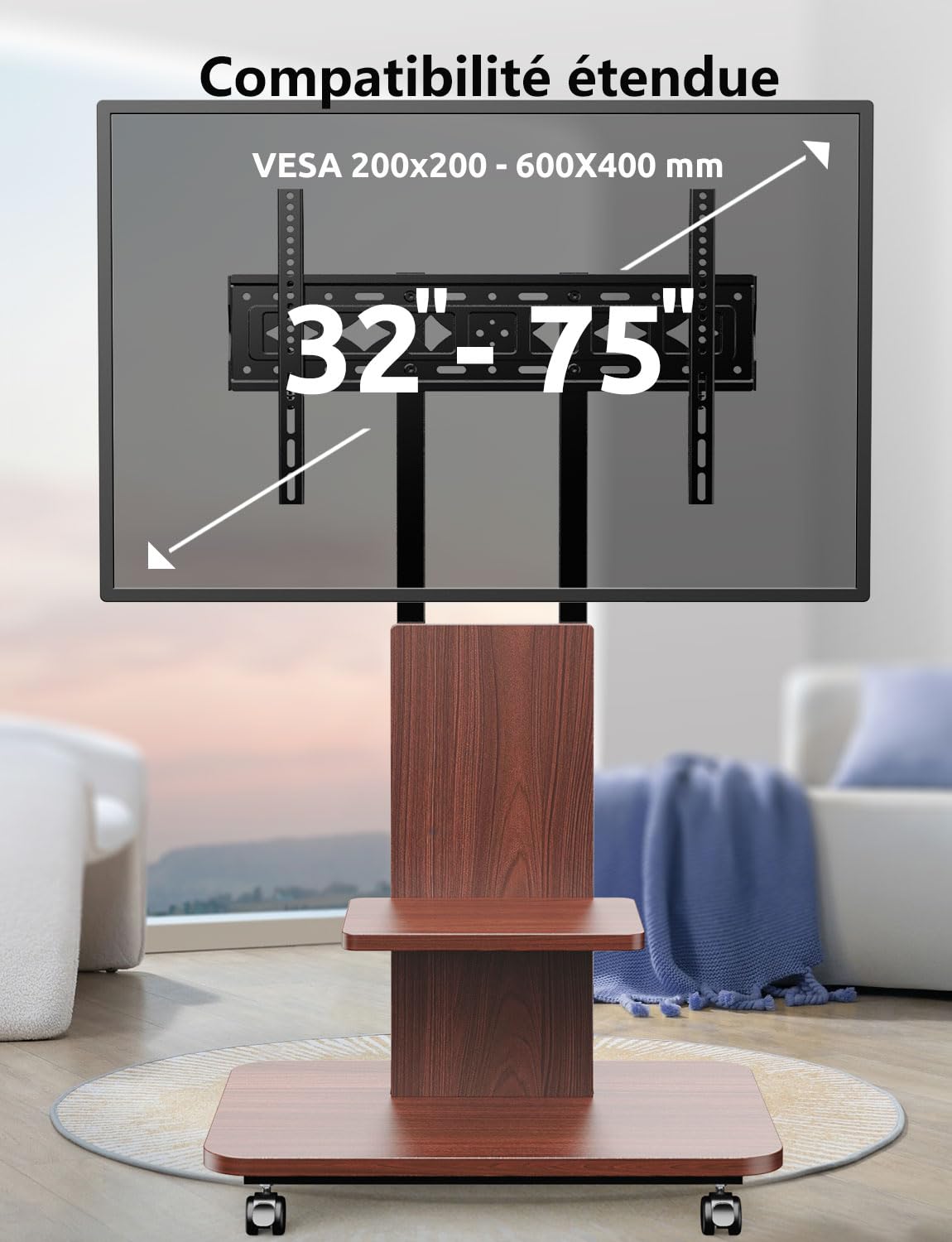 Supporto TV su base pavimento con ruote per schermo da 32 a 75 pollici/LCD/LED/Plasma,Carrello TV con roulette con scaffalatura, regolabile in altezza può sopportare fino a 60 kg, VESA 200 x