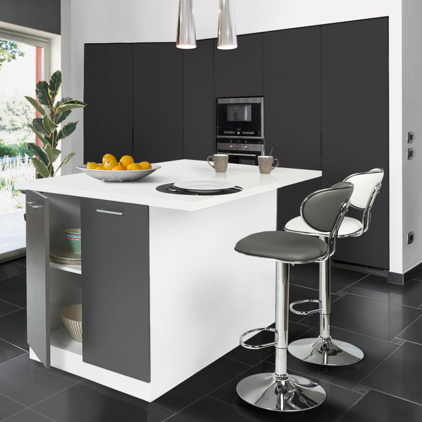 IDMarket - Ilot Central IVO 120 cm Blanc et Gris avec Plan de Travail