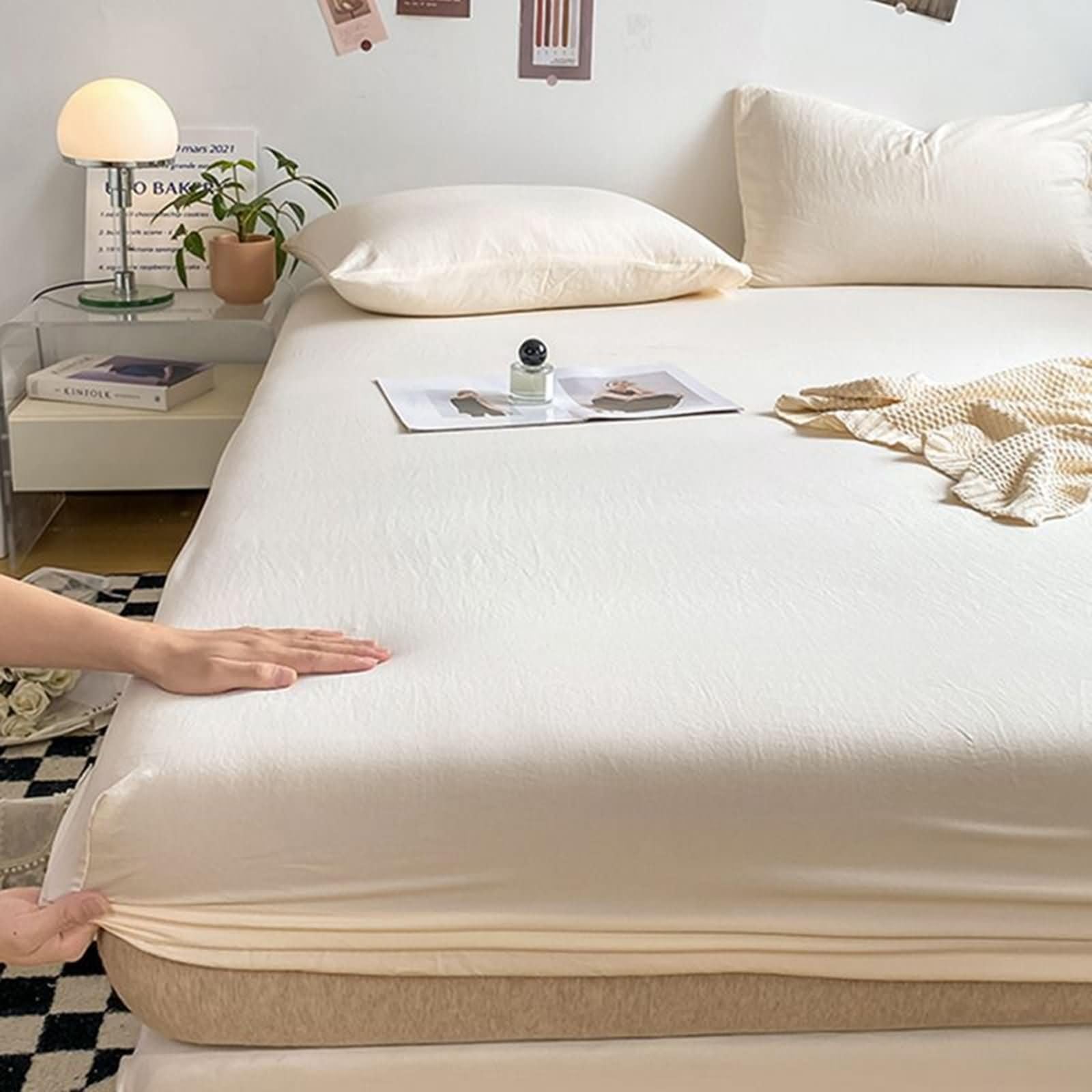 Lirzxin Fitted Sheet Small Double, Bed Sheets 3 Piece Set Solid Color Bamboo Fiber Fitted Bed Sheet with Two Pillow Cases Fade Resistant Easy Care Bedding, Beige White, 120x200cm