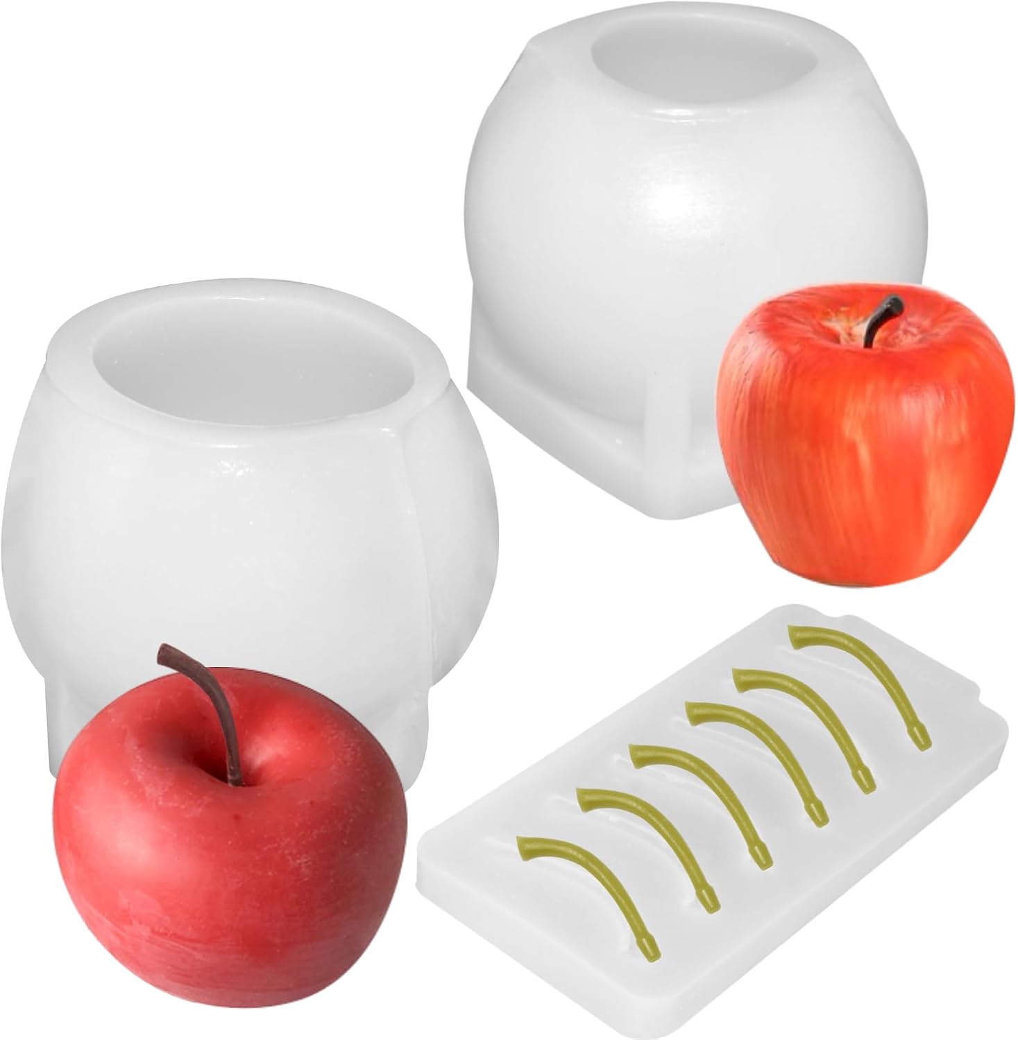 Large 3D Apple Silicone Candle Mold, 2 Pcs Apple Epoxy Resin Casting Mold with 1 Pcs 6-Cavity Stem Baking Mold for Baking DIY Craft Tools