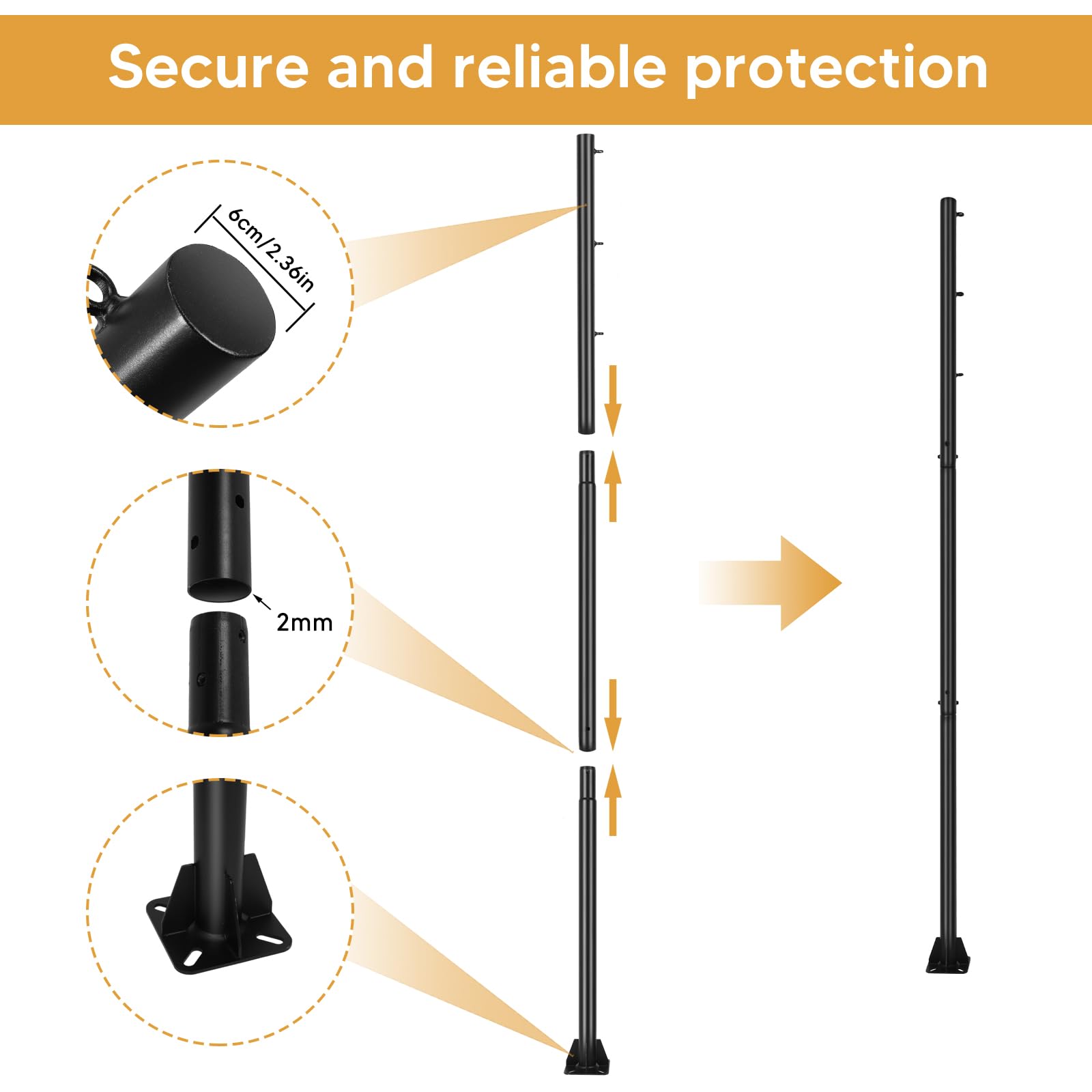 2er-Pack Sonnensegelmaste, 300cm Pfosten für Sonnensegel Metall, 61mm dicken Durchmesser Ständer Sonnensegel Befestigung Set für Garten Terrasse Hinterhof Rasen