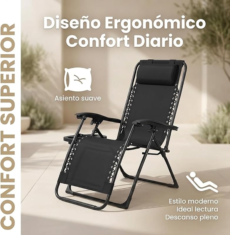 Weida Home Tumbona Plegable para Exterior | Reposapiés y Cojín Ajustable | Silla Reclinable Bandeja Lateral para Bebidas, Móvil y Libros | para Terraza, Camping, Playa, Piscina (Negro)
