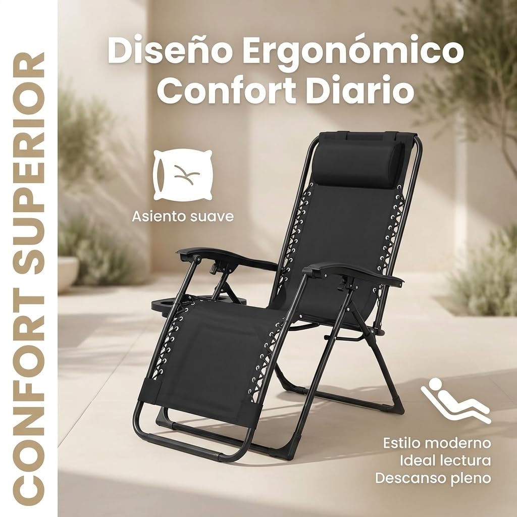 Tumbona Plegable para Exterior | Reposapiés y Cojín Ajustable | Silla Reclinable Bandeja Lateral para Bebidas, Móvil y Libros | para Terraza, Camping, Playa, Piscina (Negro) - 2