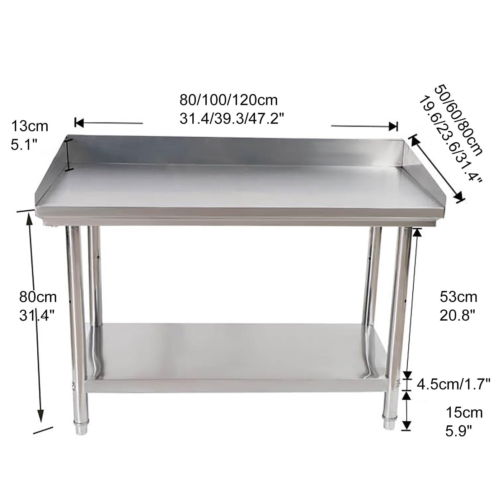 Mesa de Trabajo de Acero Inoxidable, Mesa de preparación para la Cocina, Mesa de Trabajo de Cocina Comercial de Servicio Pesado, Mesa de preparación de Mesa de Metal de 2 estanterías para Bar