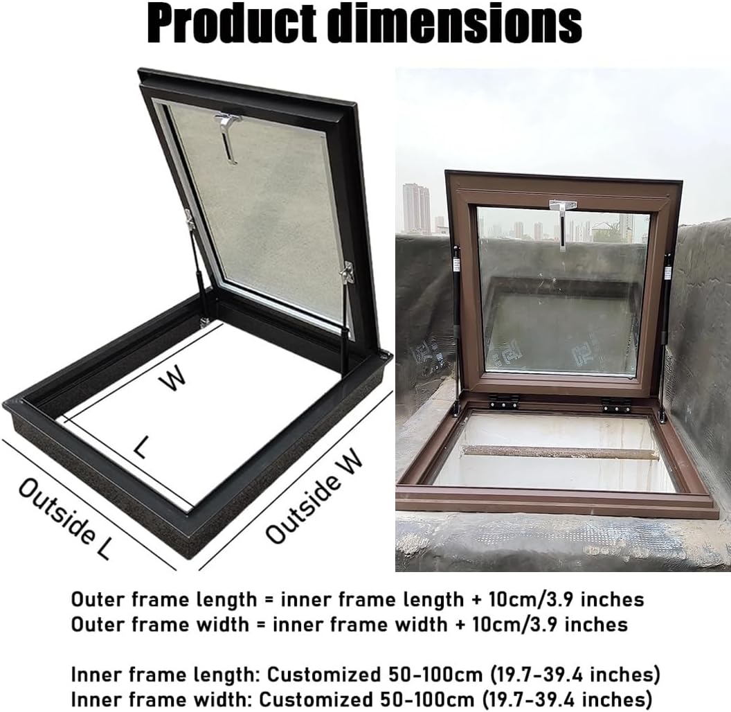 YVYKFZD Ventilation Roof Window, Skylight Flat Roof Lighting Well Window, Rooftop Hatch Lid Basement Window Well with Handles, Aluminum Viewing Window for Attic/Sun Room(LxW 65x60cm/25.6x23.6in)
