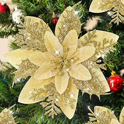 Floweroyal 24pcs Christmas Glitter Poinsettia Flowers Artificial Christmas Flowers (Gold) Cover