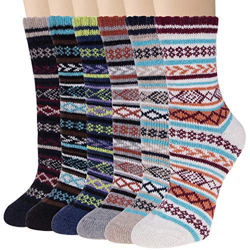 Loritta 6 Pairs Womens Wool Socks Winter Warm Vintage Style Thick Knitting Cozy Socks (Multicolor 08a)