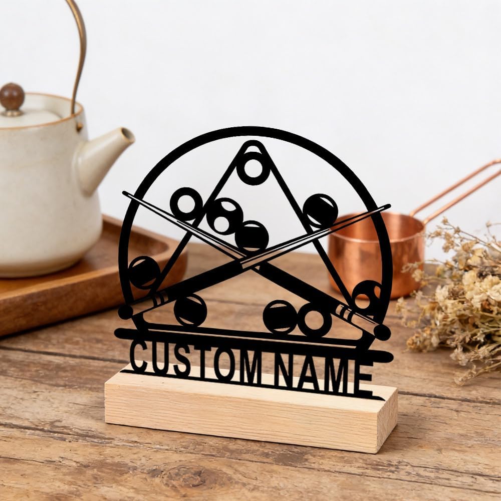 Personalized Custom Metal Sign Decor Wall Art Pool Balls Triangle Rack Modern Unique with Wooden Base for Home Bar Garage