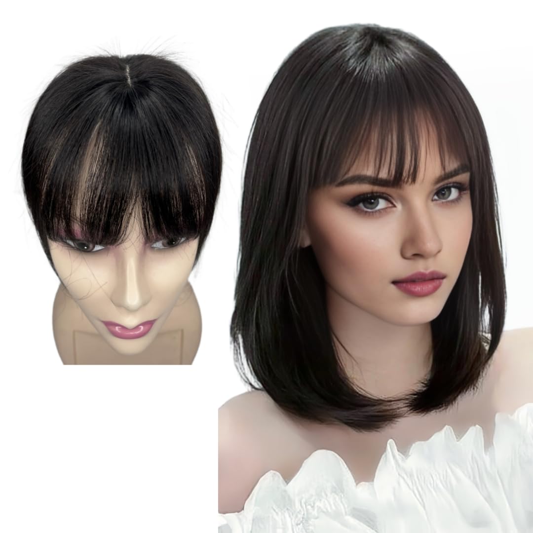 100% Human Hair Toppers Clip in Hairpieces with 3D Air Bangs for Women Straight Toupee Middle Part Wiglets for Mild Hair-Loss (Dark Black)