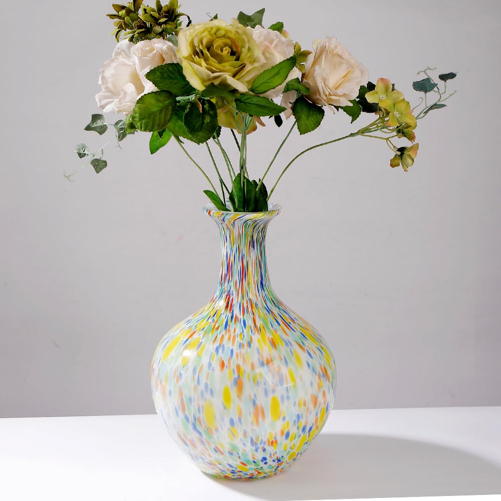 Jarrón de cristal de Murano redondo soplado a mano, 12.5 pulgadas de alto, jarrón de vidrio de boca ancha para mantel, centro de mesa, entrada, sala de estar, decoración de boda, decoración de cristal
