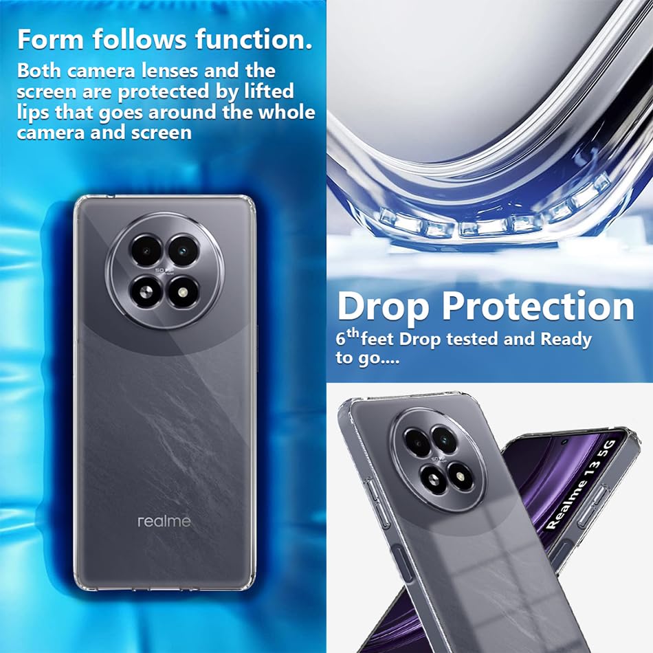 Image of Fashionury Crystal Clear Case for Realme 13 5G | Yellowing Resistance | Transparent TPU Silicone | Raised Camera Lips | Slim Transparent Cover