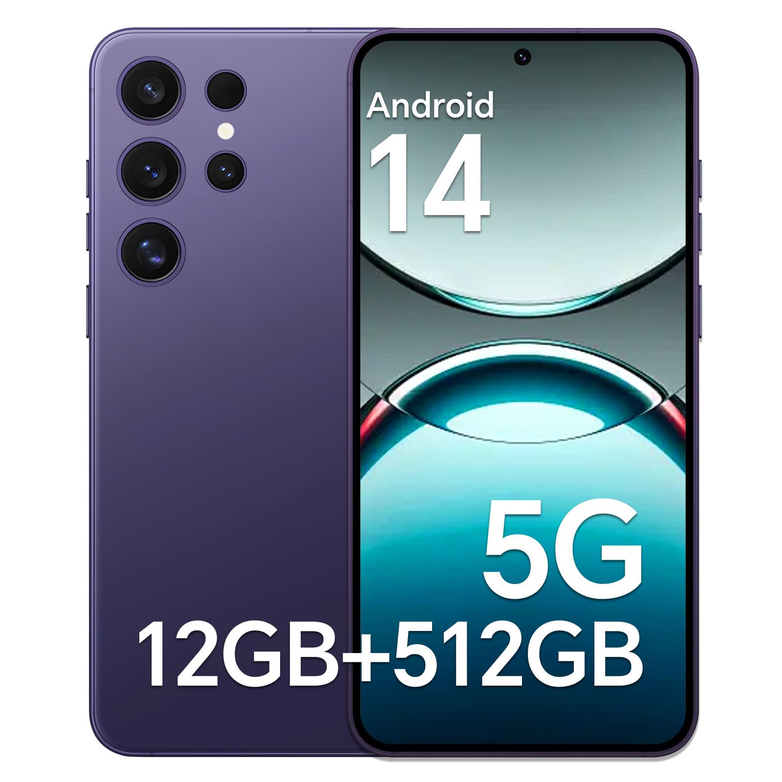 XIMIOGOO Unlocked Phones R24, Android 14 Cell Phones, 5000mAh Battery, 12GB+512GB Smartphone 6.8" HD Screen/108MP+48MP Camera/Snapdragon 888 Processor, Face ID/WiFi/Bluetooth/GPS Purple