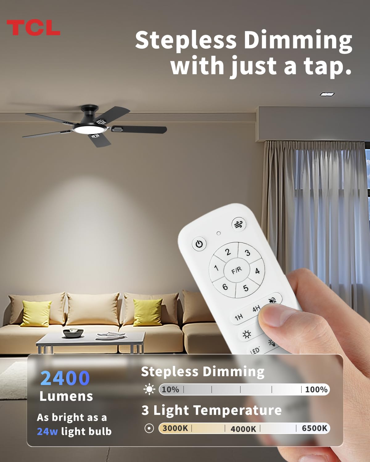 TCL 52 Low Profile Ceiling Fan with Light Slim Black Flush Mount DC Reversible Motor 6 Speeds Remote — view 6
