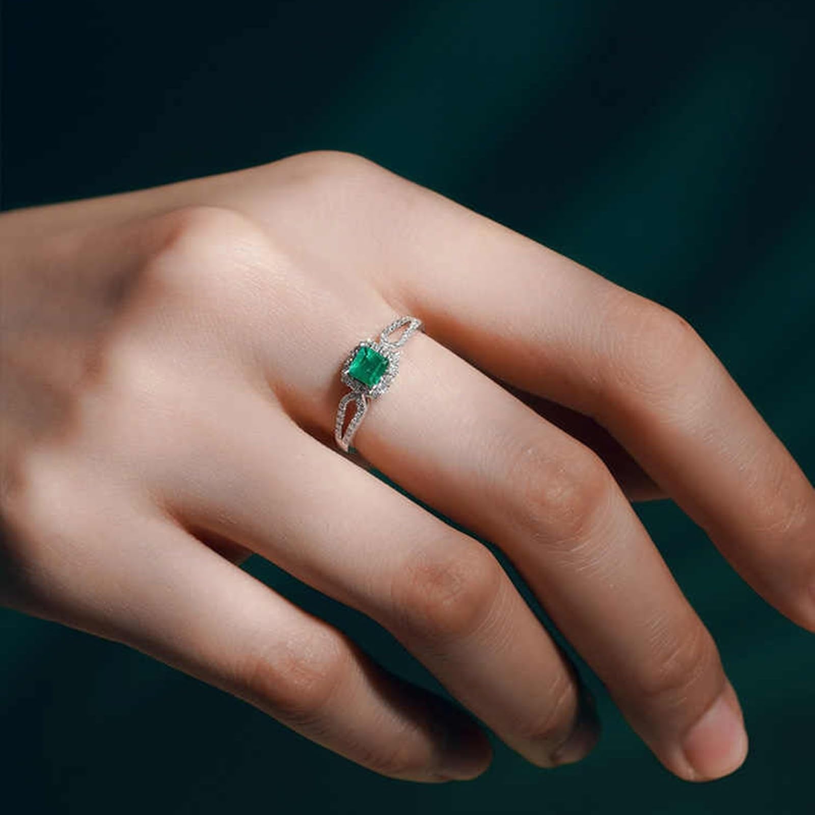 Pierścionek damski, białe złoto, prawdziwe złoto, pierścionek zaręczynowy, elegancki 0,4 ct szmaragdowy pierścionek dla kobiet