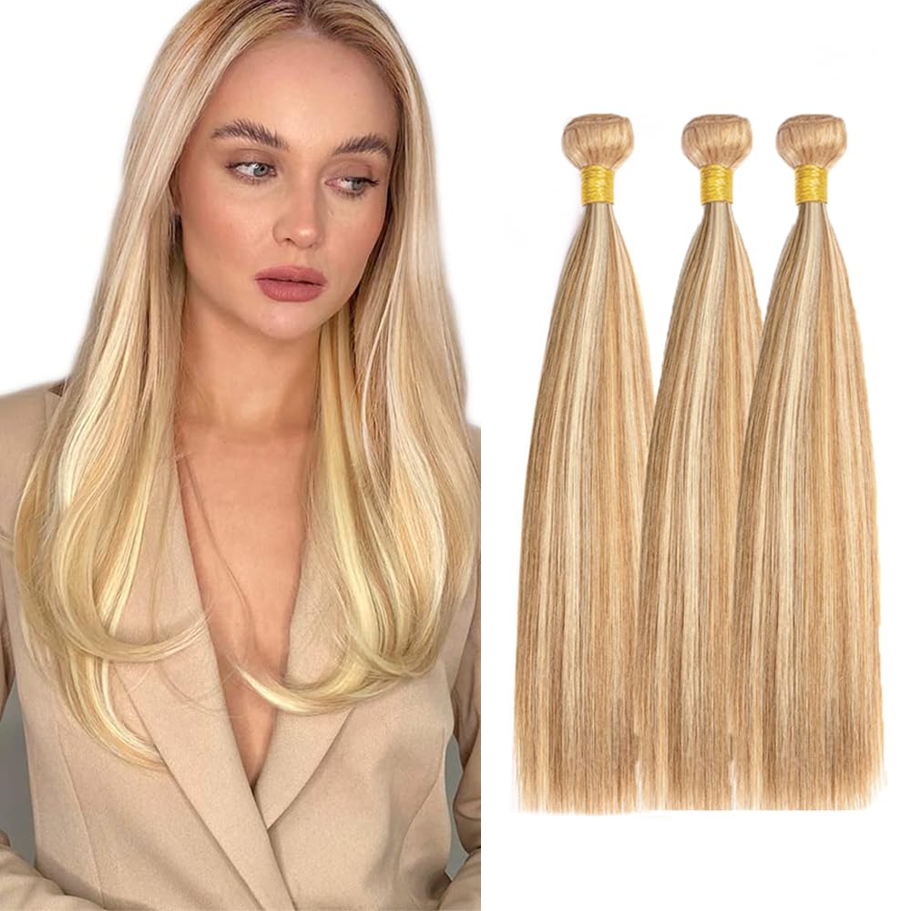 Creuost 27/613 Blonde Color Straight Human Hair Bundles 3 Bundles Total 300g 150% Density Real Unprocessed Virgin Double Weft Human Hair Extension 20 22 24 Inch