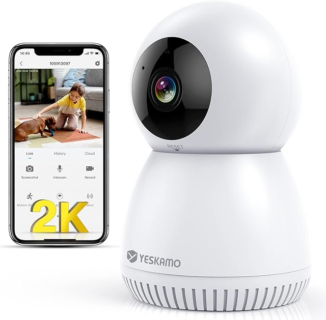 YESKAMO 2K Baby Monitor with Camera and Night Vision, Ultra HD 3MP Indoor Wireless WiFi CCTV Cameras for Home Surveillance, 2 Way Audio Video Security Camera for Dog/Pet/Cat with Motion Tracking