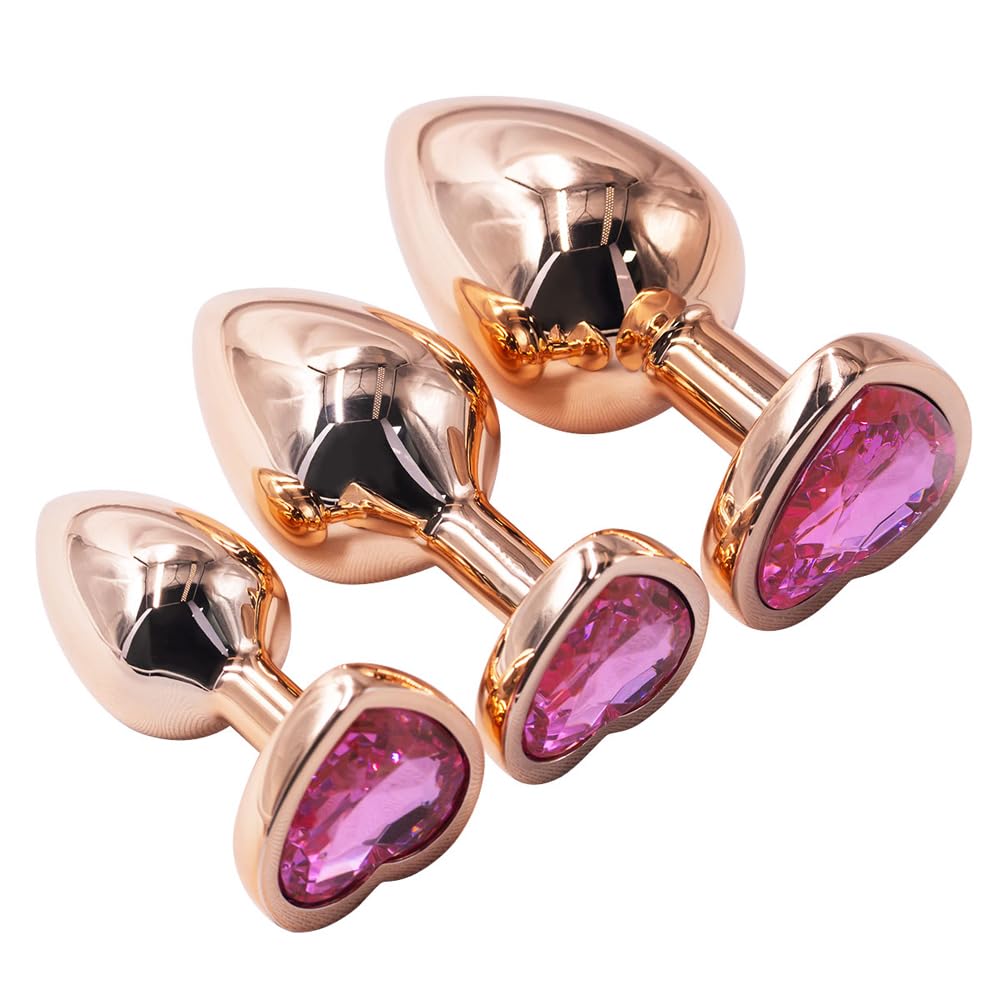 BeHorny Butt Plug Rose Gold Metal Anal Plug Set (3 Sizes) with Heart-Shaped Pink Gem Base