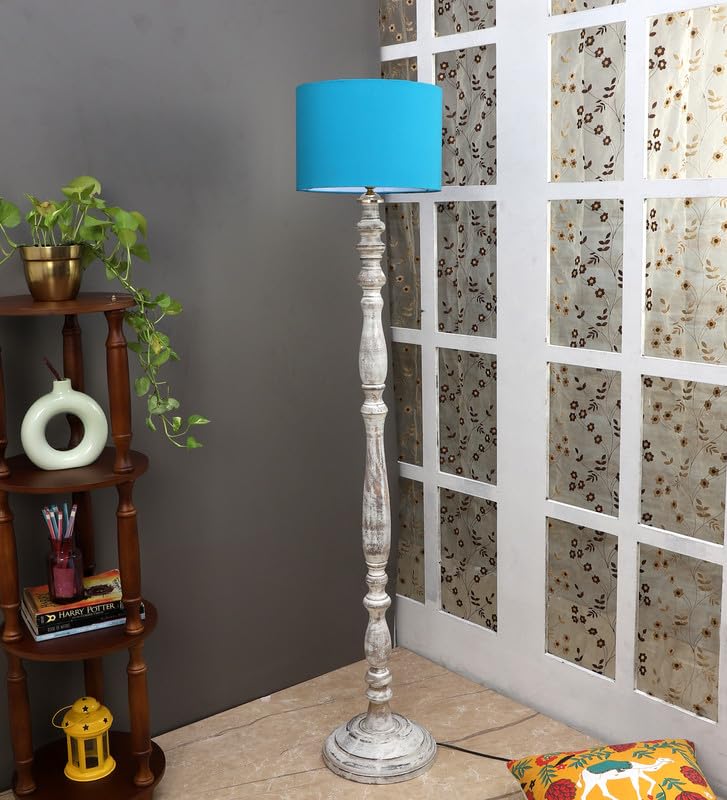Image of tu casa Mango Wooden Floor Lamps with Aqua Shade for Home Decor, Bedrooms Corner, Living Room, Gifting, Diwali Decoration, Hall, Office, Study Room (Height: - 56 inch) - Bulb not Included