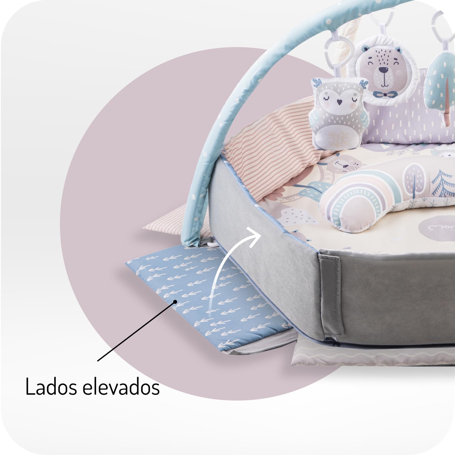 MoMi PASTEL arco de juego con colchoneta para gatear 3 en 1 para bebés desde el nacimiento, colchoneta de actividades sensoriales con 2 arcos, baño de bolas, 5 juguetes