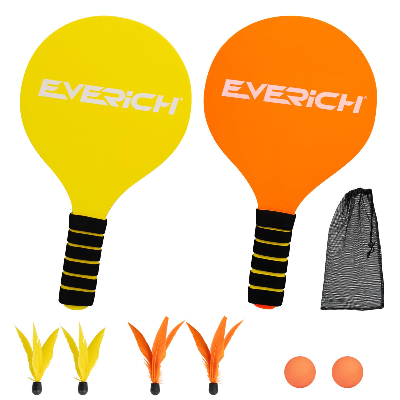 ROYUEXT 2 Beach Bat and Ball Set Wooden Paddle Ball (Yellow+Orange)