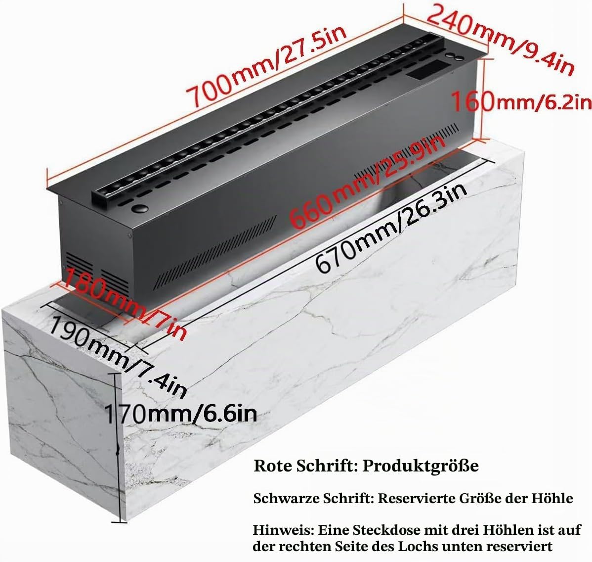 Dekorativer Elektrokamin mit Einsatz, Luftbefeuchter mit 3D Zerstäuber-Wasserdampf mit 3mm ultradünnem oberen Panel (70cm)