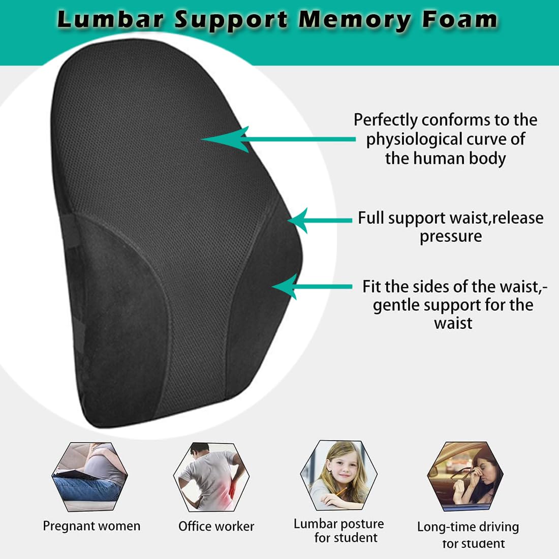 Lendenwirbelstütze Memory Foam Rückenschmerzen Rückenstütze Bürostuhl, Autositz, Gaming, Rollstuhl, Reisen, verstellbarer Doppelgurt, abnehmbarer waschbarer Bezug (schwarze Holzstütze)