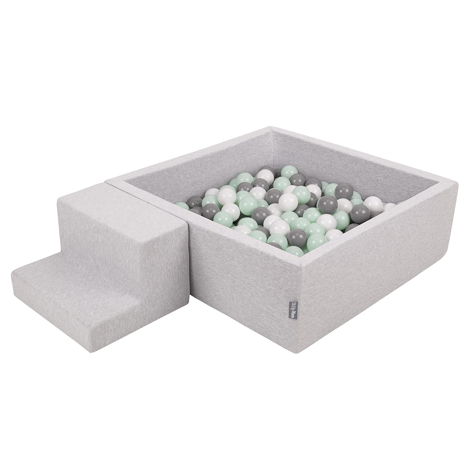 KiddyMoon Foam Playground For Kids With Square Ballpit (100 Balls ∅ 7Cm/2.75In) Soft Obstacles Course And Ball Pool, Made In The EU, Lightgrey:White/Grey/Mint