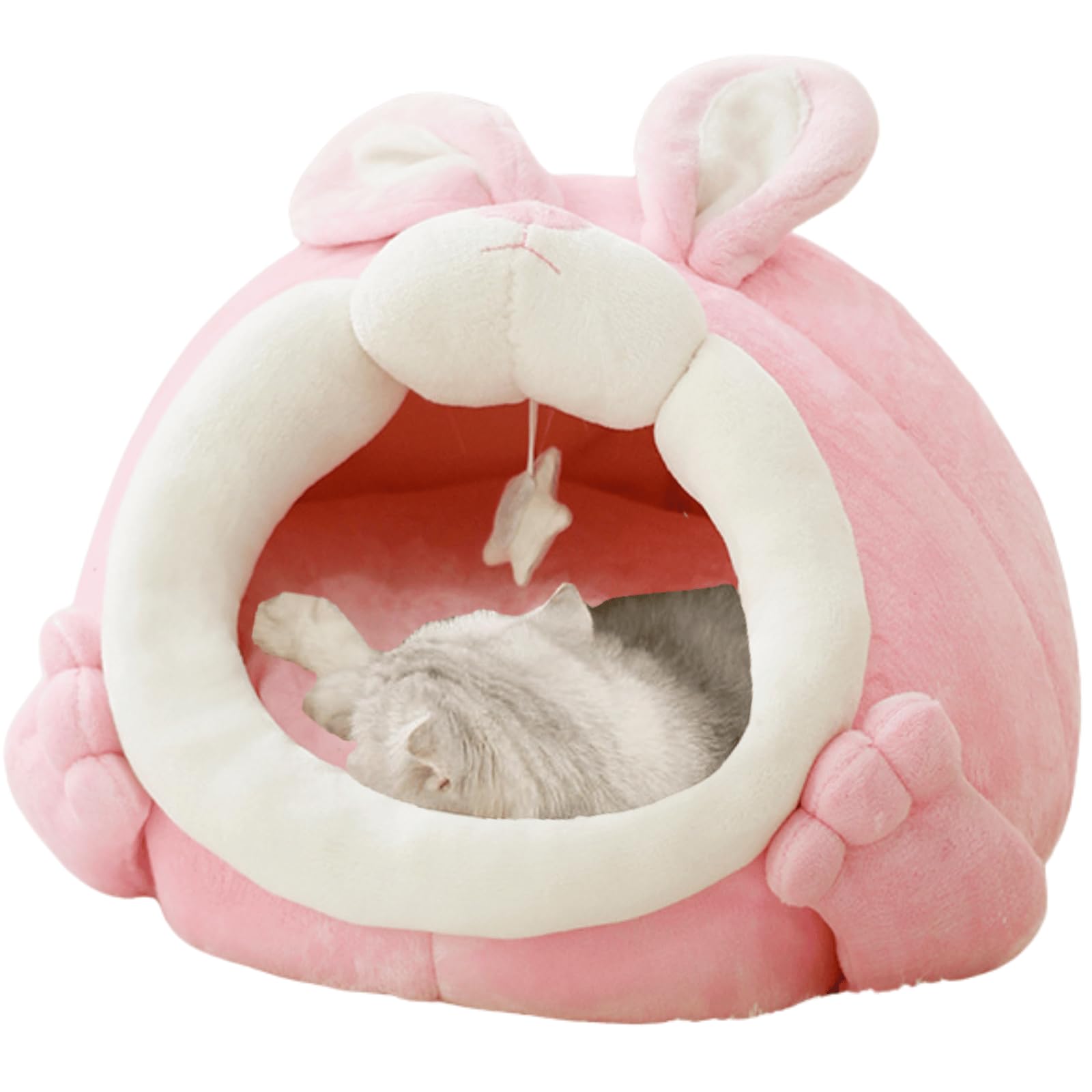 Cat Beds for Indoor Cats, Cat House with Washable Cushions, Foldable Covered Cat Bed, Large Cat Bed with Hanging Toy, Cat Cave for All Seasons,