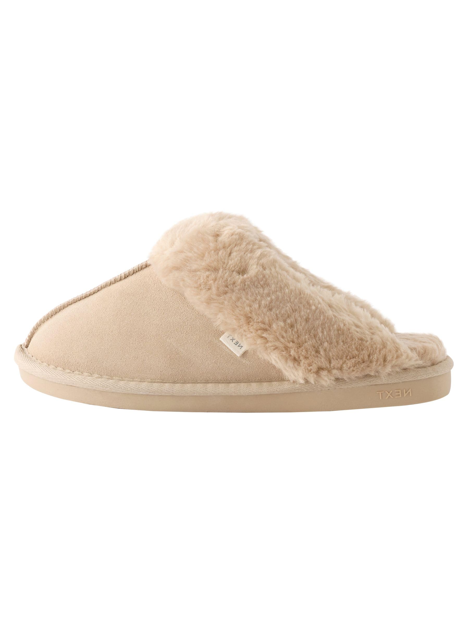 NEXT Damen Standard Velourslederpantolette mit Kunstfellfutter