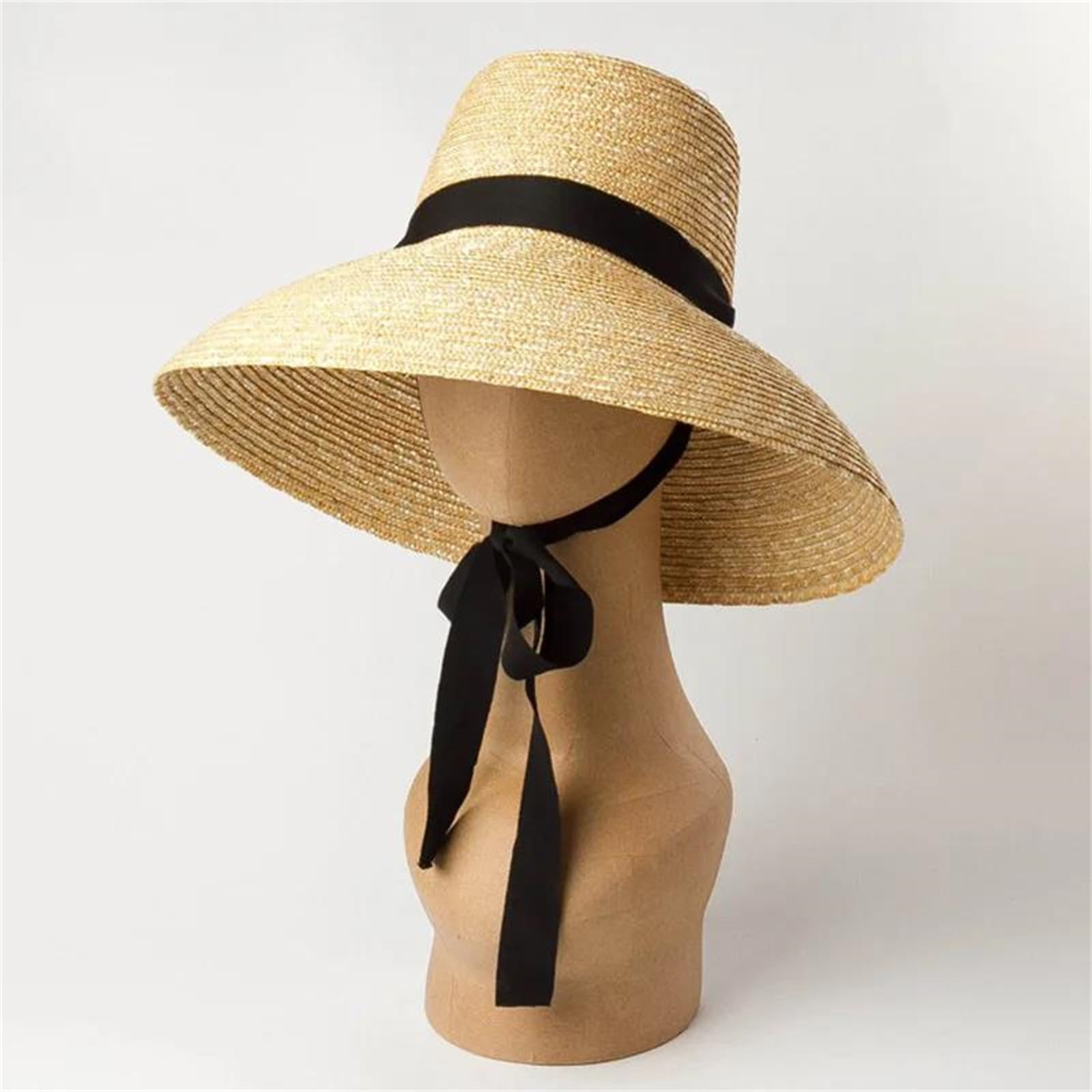 Sombrero de paja grande de verano para mujer, con lazo de encaje negro, ala ancha, sombrero de playa