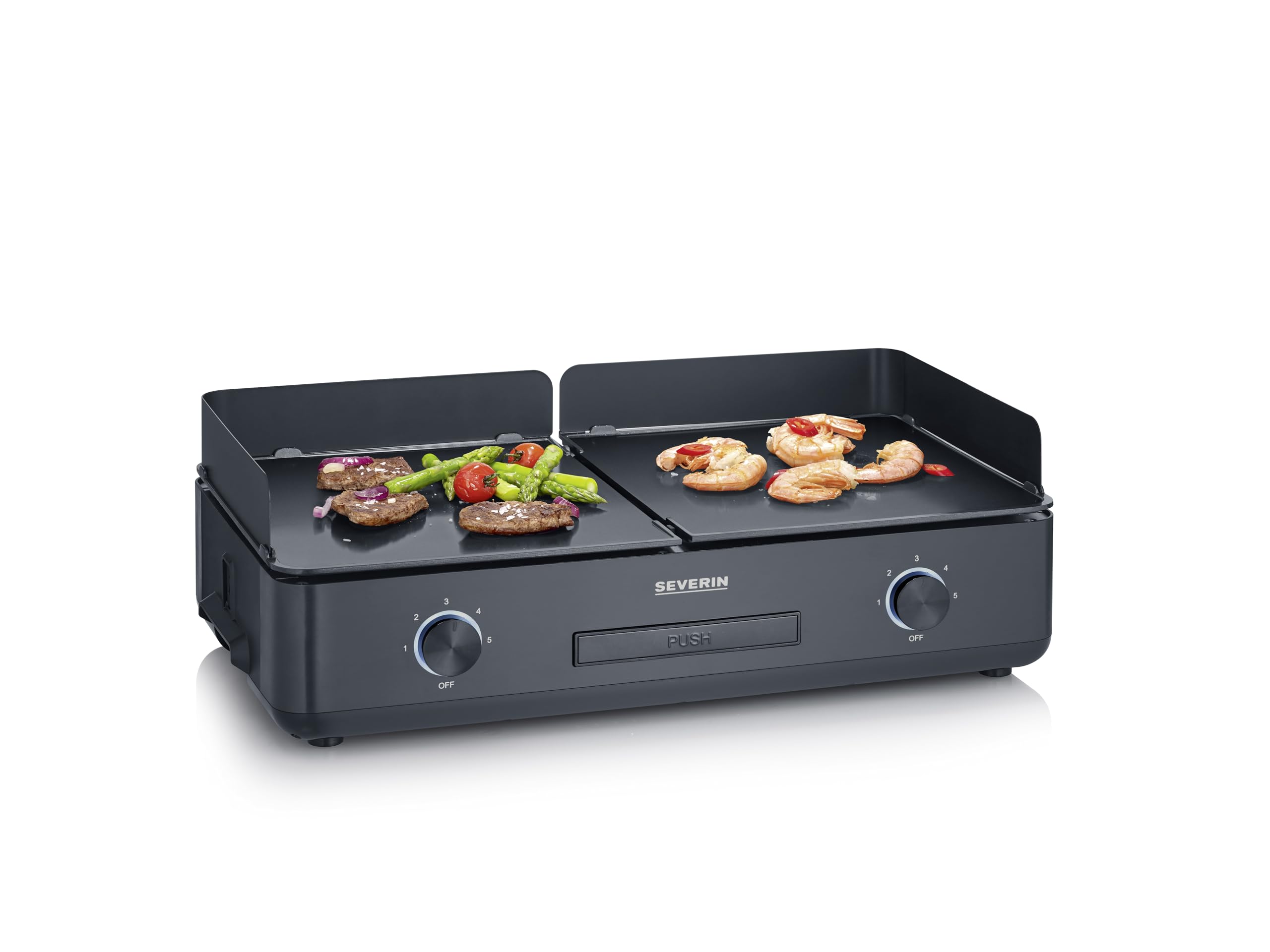 SEVERIN Plancha réglable jusqu'à 240°C, 2 200 W, Plaque de cuisson au revêtement céramique pour viandes, poissons & légumes, Gril électrique avec bac récupérateur de graisse amovible, Noir, PG 8569