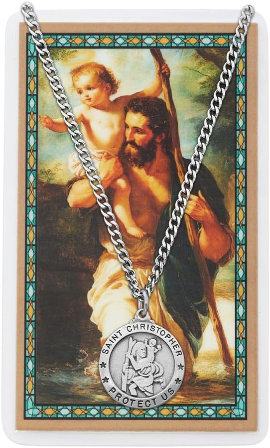 CATHOLIC MEDAL - ST CHRISTOPHER PRAYER - PEWTER MEDAL INCLUDES 24" SILVERTONE CHAIN &